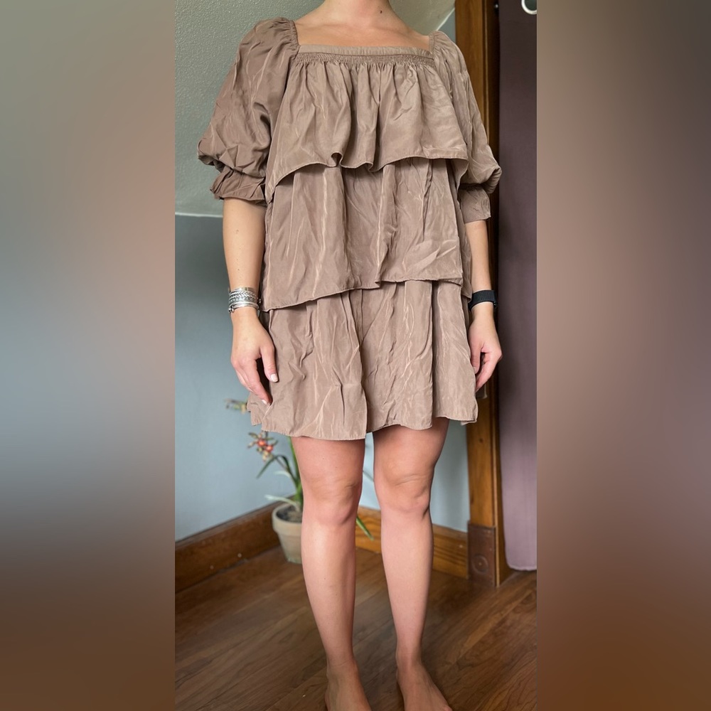 Ruffle Layers Mini Dress in Mocha Brown size L
